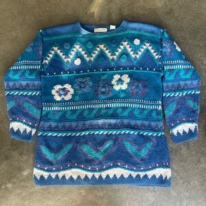 RARE VINTAGE90s HANDMADE STITCHED GRAPHIC GRANDMA FLORAL CREWNECK SWEATER